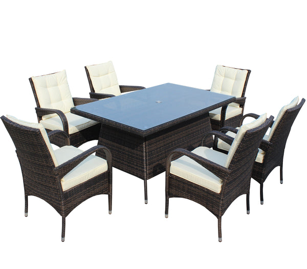 English Elm Patio 7-Piece Rectangular Dining Set with 6 Chairs, Brown PE Rattan, Beige Cushions, Tempered Glass Table W209S00011