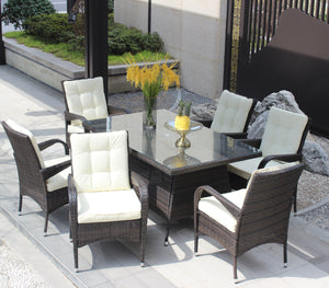 English Elm Patio 7-Piece Rectangular Dining Set with 6 Chairs, Brown PE Rattan, Beige Cushions, Tempered Glass Table W209S00011