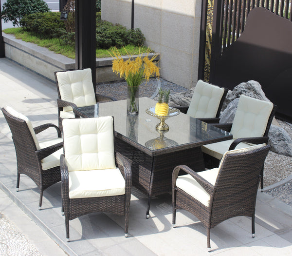 English Elm Patio 7-Piece Rectangular Dining Set with 6 Chairs, Brown PE Rattan, Beige Cushions, Tempered Glass Table W209S00011