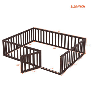 English Elm Queen Floor Bed Frame Pinewood Fence Enclosure with Hinged Door for Kids Room Walnut WF299304AAL