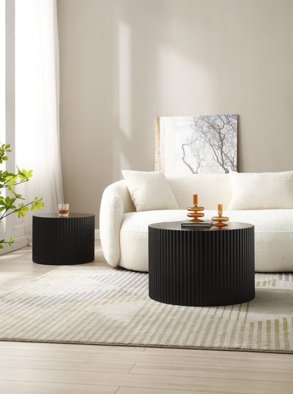 English Elm Nesting Round Mdf Coffee Tables with Relief Detail for Modern Living Rooms 2 Piece Matt Black W87682176