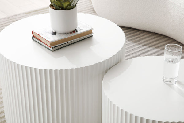 English Elm Nesting Round Mdf Coffee Tables with Relief Detail for Modern Living Rooms 2 Piece White W87682177
