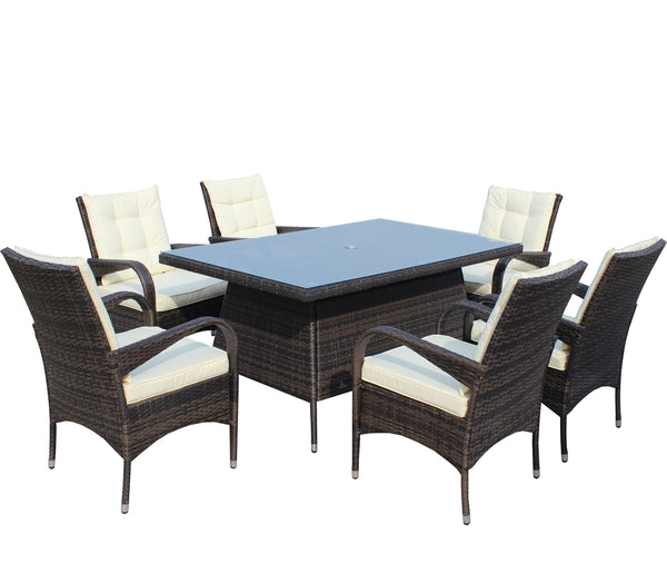 English Elm Patio 7-Piece Rectangular Dining Set with 6 Chairs, Brown PE Rattan, Beige Cushions, Tempered Glass Table W209S00011