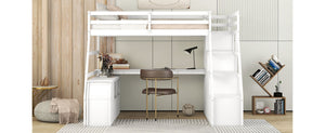 English Elm Twin Loft Bed with 7 Drawer Storage Built-in Desk and Shelves for Kids Rooms White LT000639AAK