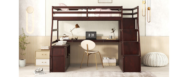 English Elm Twin Loft Bed with 7 Drawer Storage Built-in Desk and Shelves for Kids Rooms LT000639AAP-2