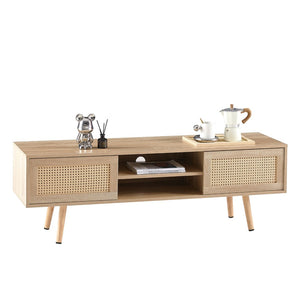 English Elm 55.12" Rattan Sliding Door Tv Console with Solid Wood Legs Natural Bohemian Storage W126573117