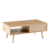 English Elm 41.34" Rattan Coffee Table, Sliding Door For Storage, Solid Wood Legs, Modern Table For Living Room , Natural