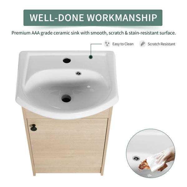 English Elm Freestanding 18 Inch Bathroom Vanity with Oval Ceramic Sink, Light Oak Plywood, Adjustable Shelf, Black Knobs (KD-PACKING) W999S00002