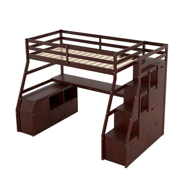 English Elm Twin Loft Bed with 7 Drawer Storage Built-in Desk and Shelves for Kids Rooms Espresso LT000639AAP-3