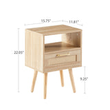 English Elm 15.75" Rattan End Table With Drawer and Solid Wood Legs, Modern Nightstand, Side Table For Living Room, Bedroom,Natural