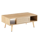 English Elm 41.34" Rattan Coffee Table, Sliding Door For Storage, Solid Wood Legs, Modern Table For Living Room , Natural