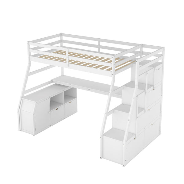 English Elm Twin Loft Bed with 7 Drawer Storage Built-in Desk and Shelves for Kids Rooms White LT000639AAK