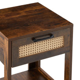 English Elm 15.75" Rattan End Table With Drawer, Modern Nightstand, Side Table For Living Room, Bedroom,Rustic Brown