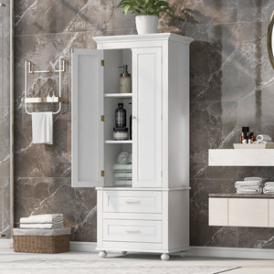 English Elm Tall Slim Storage Cabinet with Adjustable Shelves, 2 Drawers & Doors, Anti-Tip Design for Bathroom White WF299284AAK