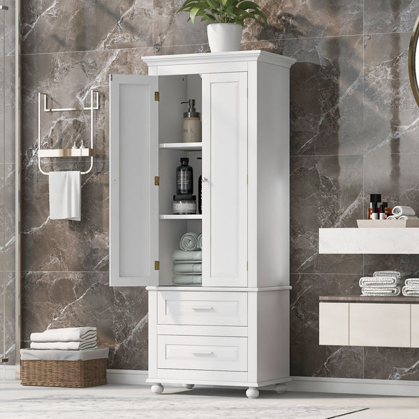 English Elm Tall Slim Storage Cabinet with Adjustable Shelves, 2 Drawers & Doors, Anti-Tip Design for Bathroom White WF299284AAK