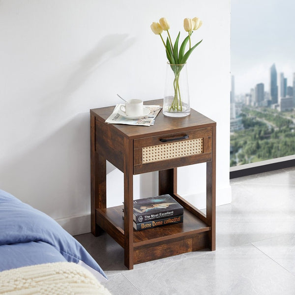 English Elm 15.75" Rattan Weave End Table with Built-in Charging Ports Drawer and Wood Legs W126573109