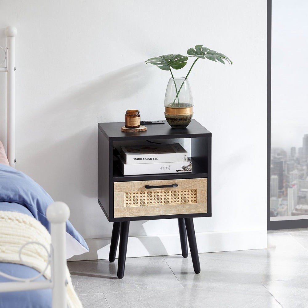 English Elm 15.75" Rattan Weave End Table with Built-in Charging Ports Drawer and Wood Legs W126573111