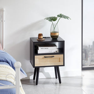 English Elm 15.75" Rattan Weave End Table with Built-in Charging Ports Drawer and Wood Legs W126573111