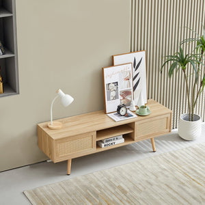 English Elm 55.12" Rattan Sliding Door Tv Console with Solid Wood Legs Natural Bohemian Storage W126573117