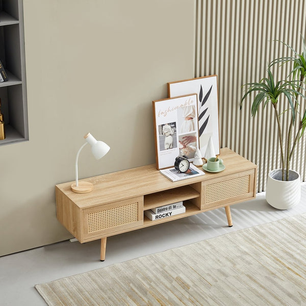 English Elm 55.12" Rattan Sliding Door Tv Console with Solid Wood Legs Natural Bohemian Storage W126573117