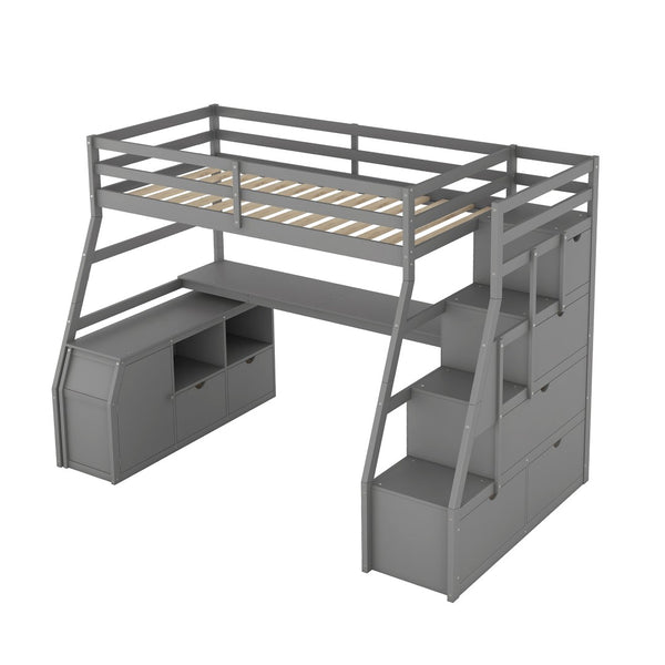English Elm Twin Loft Bed with 7 Drawer Storage Built-in Desk and Shelves for Kids Rooms Gray LT000639AAE-3