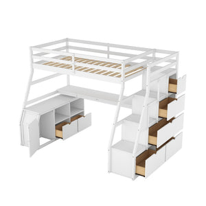English Elm Twin Loft Bed with 7 Drawer Storage Built-in Desk and Shelves for Kids Rooms White LT000639AAK-3