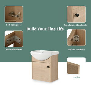English Elm Small 18 Inch Floating Bathroom Vanity with Ceramic Sink, Soft-Close Doors, Water-Resistant Plywood Finish W99959248