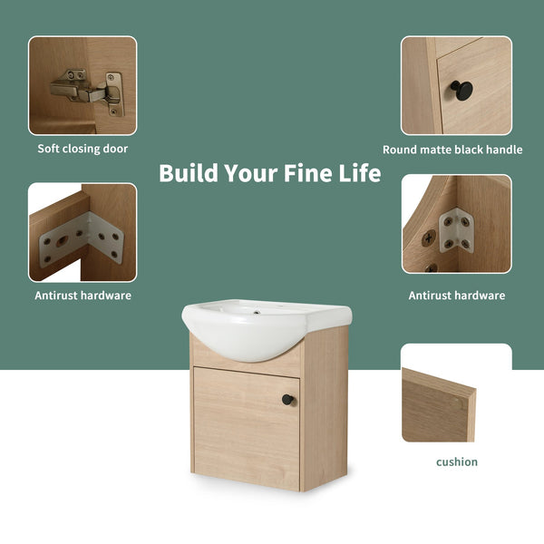 English Elm Small 18 Inch Floating Bathroom Vanity with Ceramic Sink, Soft-Close Doors, Water-Resistant Plywood Finish W99959248