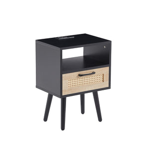 English Elm 15.75" Rattan Weave End Table with Built-in Charging Ports Drawer and Wood Legs W126573111