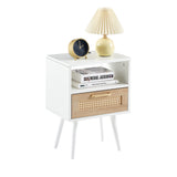 English Elm 15.75" Rattan End Table With Power Outlet & Usb Ports , Modern Nightstand With Drawer and Solid Wood Legs, Side Table For Living Room, Bedroom, White