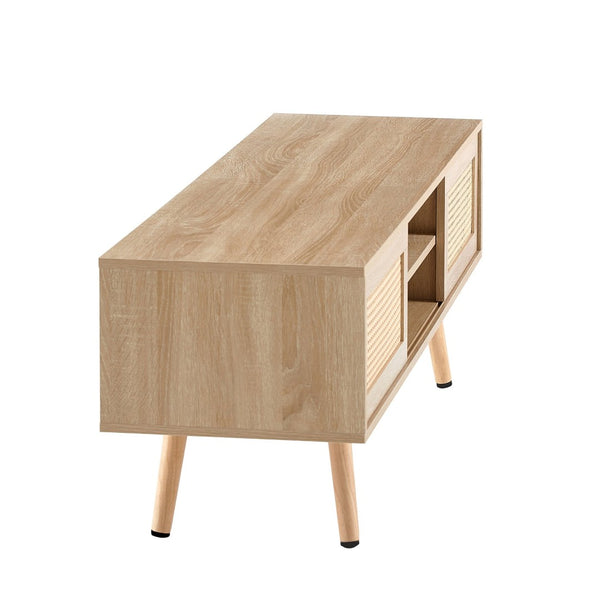 English Elm 55.12" Rattan Sliding Door Tv Console with Solid Wood Legs Natural Bohemian Storage W126573117