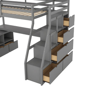 English Elm Twin Loft Bed with 7 Drawer Storage Built-in Desk and Shelves for Kids Rooms Gray LT000639AAE