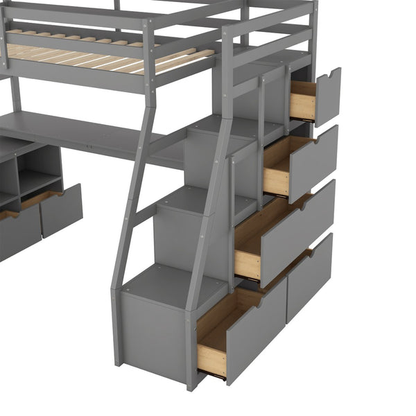 English Elm Twin Loft Bed with 7 Drawer Storage Built-in Desk and Shelves for Kids Rooms Gray LT000639AAE