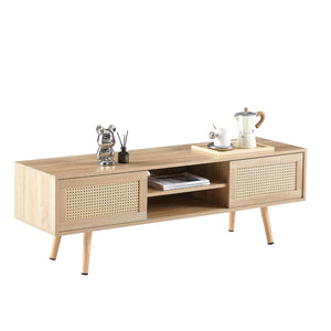 English Elm 55.12" Rattan Sliding Door Tv Console with Solid Wood Legs Natural Bohemian Storage W126573117