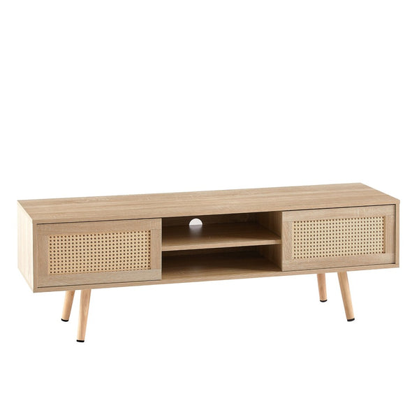English Elm 55.12" Rattan Sliding Door Tv Console with Solid Wood Legs Natural Bohemian Storage W126573117