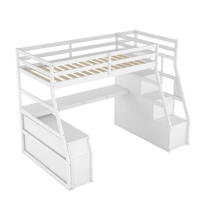 English Elm Twin Loft Bed with 7 Drawer Storage Built-in Desk and Shelves for Kids Rooms White LT000639AAK