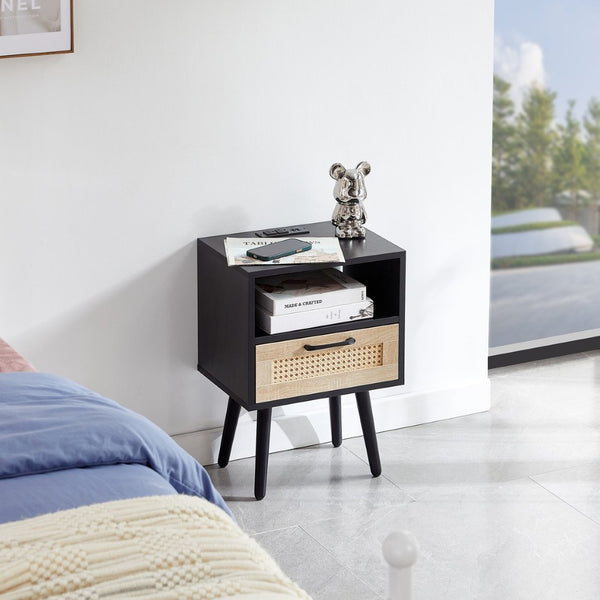 English Elm 15.75" Rattan Weave End Table with Built-in Charging Ports Drawer and Wood Legs W126573111