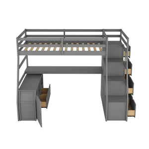 English Elm Twin Loft Bed with 7 Drawer Storage Built-in Desk and Shelves for Kids Rooms Gray LT000639AAE