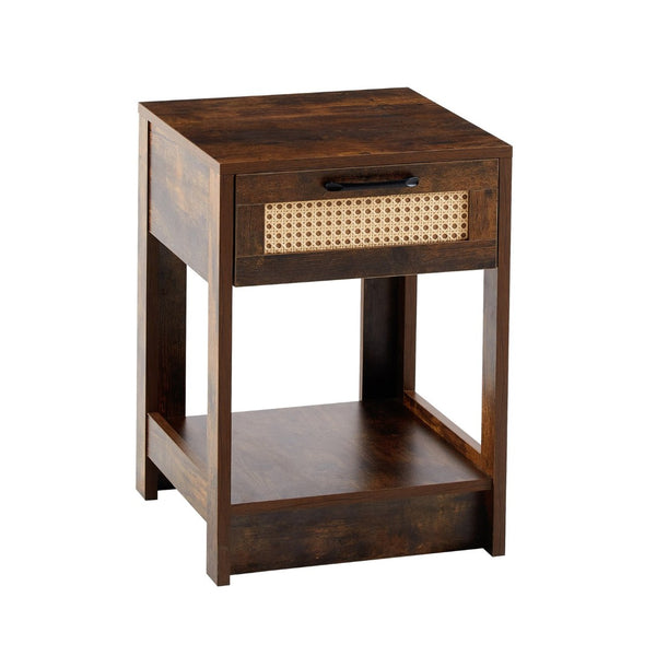 English Elm 15.75" Rattan Weave End Table with Built-in Charging Ports Drawer and Wood Legs W126573109