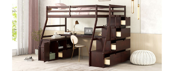 English Elm Twin Loft Bed with 7 Drawer Storage Built-in Desk and Shelves for Kids Rooms Espresso LT000639AAP-3