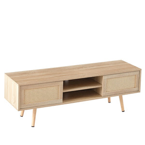 English Elm 55.12" Rattan Sliding Door Tv Console with Solid Wood Legs Natural Bohemian Storage W126573117