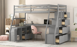 English Elm Twin Loft Bed with 7 Drawer Storage Built-in Desk and Shelves for Kids Rooms Gray LT000639AAE-3
