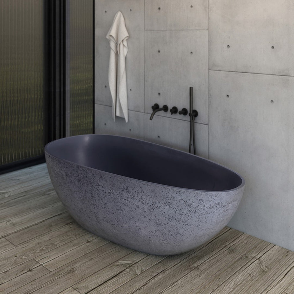 English Elm 65 Inch Solid Surface Freestanding Soaking Tub Cement Matte Spa Bathroom W161390547