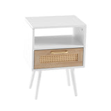 English Elm 15.75" Rattan End Table With Drawer and Solid Wood Legs, Modern Nightstand, Side Table For Living Room, Bedroom, White