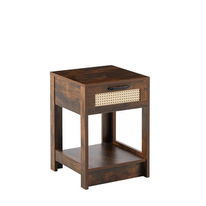 English Elm 15.75" Rattan Weave End Table with Built-in Charging Ports Drawer and Wood Legs W126573109