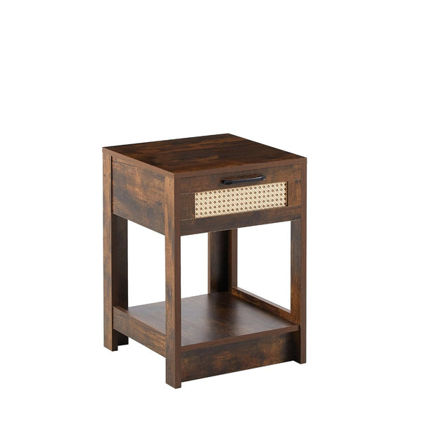 English Elm 15.75" Rattan Weave End Table with Built-in Charging Ports Drawer and Wood Legs W126573109