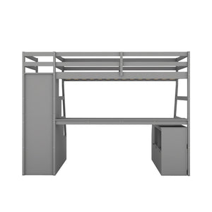 English Elm Twin Loft Bed with 7 Drawer Storage Built-in Desk and Shelves for Kids Rooms Gray LT000639AAE