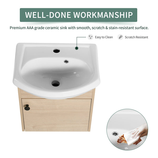 English Elm Small 18 Inch Floating Bathroom Vanity with Ceramic Sink, Soft-Close Doors, Water-Resistant Plywood Finish W99959248