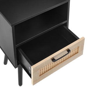 English Elm 15.75" Rattan Weave End Table with Built-in Charging Ports Drawer and Wood Legs W126573111