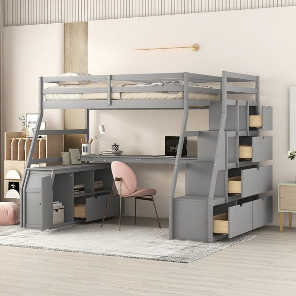 English Elm Twin Loft Bed with 7 Drawer Storage Built-in Desk and Shelves for Kids Rooms Gray LT000639AAE